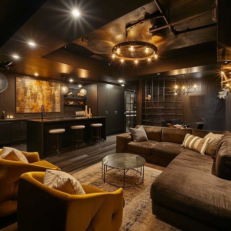 17+ Innovative Basement Makeover Ideas for a Stunning Revamp • 333+ Images • [ArtFacade] Pub Inspired Basement, Basement Theme Ideas, Colonial Basement Ideas, Dark Colored Basement, Dark Cozy Basement Ideas, Cozy Dark Basement, Modern Finished Basement Ideas, Chill Basement Vibes, Cozy Rec Room