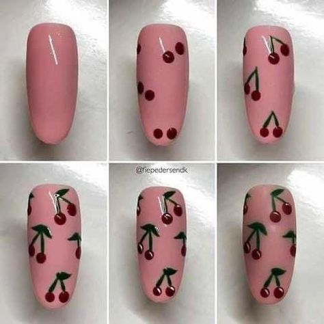 Beginner Nail Designs, Argyle Nails, Nails Burgundy, Cherry Nail Art, Quick Nail Art, Fruit Nail Art, Unghie Nail Art, Nail Drawing, Nail Designs Tutorial