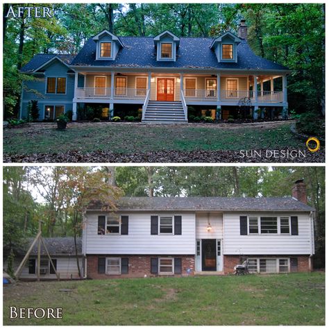 This home was transformed from a split-foyer into a french colonial.  What made this transformation was raising the entrance to the main level, building out the attic space for an added level, and relocating the staircase to access all 3 levels.  A master suite addition was added above the garage and a dramatic window wall addition to the rear of the home really brings the outdoors in. Split Level Exterior, Ranch Entrance, Raised Ranch Remodel, Split Foyer, Architecture Renovation, House Makeovers, Ranch Remodel, Ranch Exterior, Home Exterior Makeover