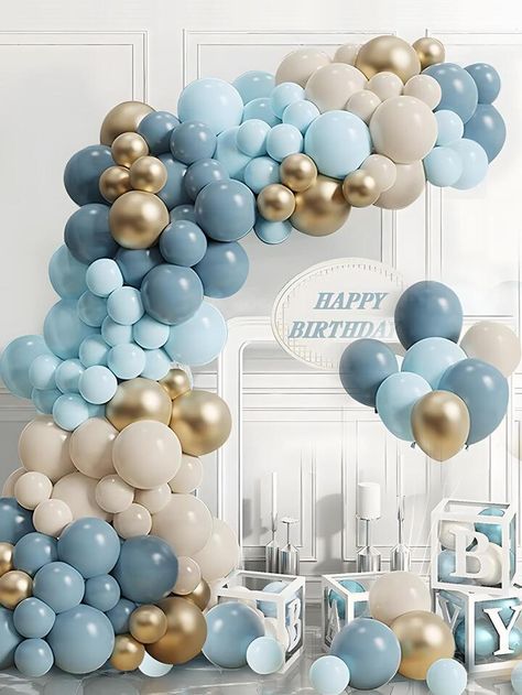 Blue Gold Balloons, Gold Balloon Garland, Balloons Arch, 16 Balloons, Balloon Garland Diy, Garland Diy, Gold Party Decorations, Christmas Baby Shower, Blue Backdrops