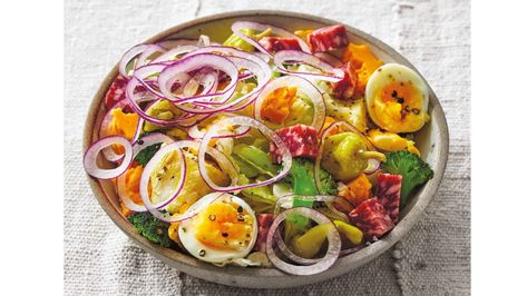 This kitchen sink salad is so perfect. It’s like a submarine sandwich in a salad. Salami, hot peppers, cheese, olives, celery—so many crunchy, salty, minerally yummy bites. Kitchen Sink Salad, Citrus Salad Recipes, Submarine Sandwich, Matty Matheson, Vegetable Prep, Citrus Salad, Square Recipes, Hot Peppers, Tasty Bites