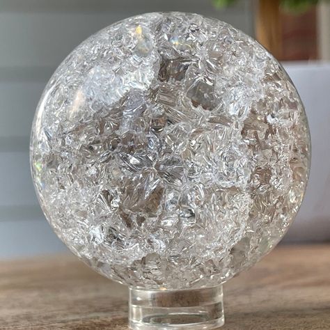 Crackle Quartz Sphere , Clear Quartz with Rainbows, Ice Crackle Ball Little Lamp, Crackle Quartz, Jewellery Shop Design, Gemstone List, Fancy Lights, Quartz Sphere, Prisms, Lamp Base, Crystal Collection