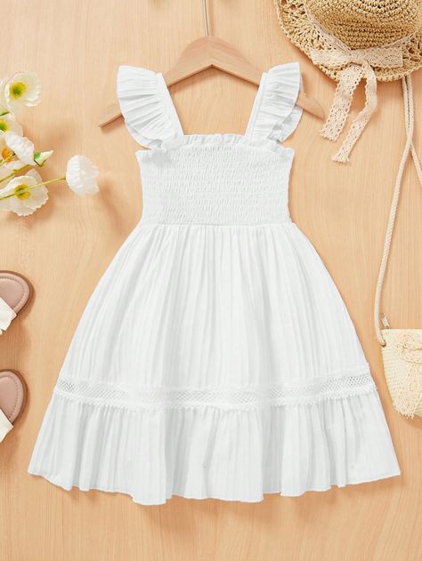 SHEIN Young Girl Flying Sleeves Shirred DressI discovered amazing products on SHEIN.com, come check them out! Kids White Dress, River Outfit, Kid Dress, White Dresses Graduation, Simple White Dress, Patchwork Fashion, Graduation Nails, Shirred Dress, Old Dresses