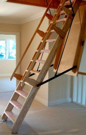 Folding ladder to the attic is the best choice for space saving – Staircase design Loft Ladder Ideas, Loft Stairs Ideas, Space Saving Staircase, Wooden Loft, Attic Renovation Ideas, Attic Ladder, Tiny House Stairs, Garage Loft, Loft Stairs