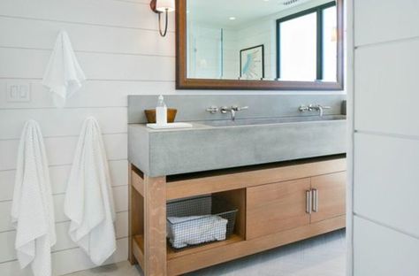 Modern Half Bath, Trough Sink Bathroom, Shiplap Bathroom Wall, Modern Home Style, Bathroom Sink Design, Shiplap Bathroom, Bathroom Wood, Trough Sink, Concrete Sink