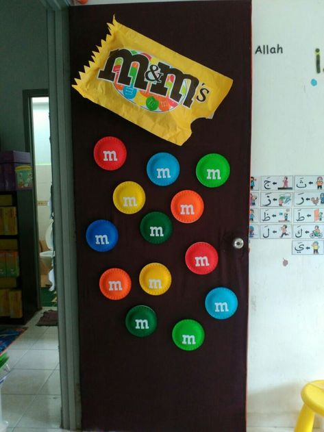 M&m Bulletin Board Ideas, M&m Classroom Theme, Candy Themed Classroom Door, M&m Decorations, Candy Classroom Door Ideas, Candy Door Decorations Classroom, Candy Bulletin Boards, Break Room Decor, Candy Theme Classroom