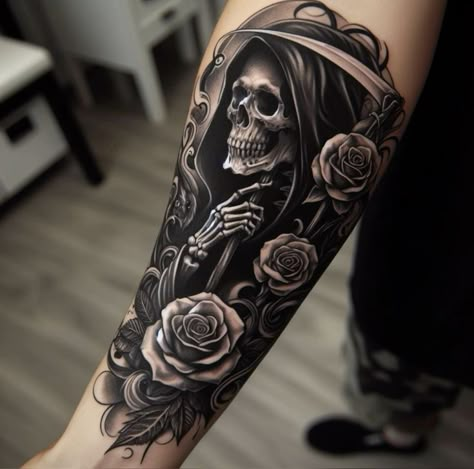 Gothic Forearm Tattoo, Goth Sleeve Tattoo, Skull Tattoos Men, Dia De Los Muertos Tattoo Ideas, Gream Reaper, Men Sleeve Tattoo, Sacrifice Tattoo, Grim Reaper Tattoos, Santa Muerte Tattoo