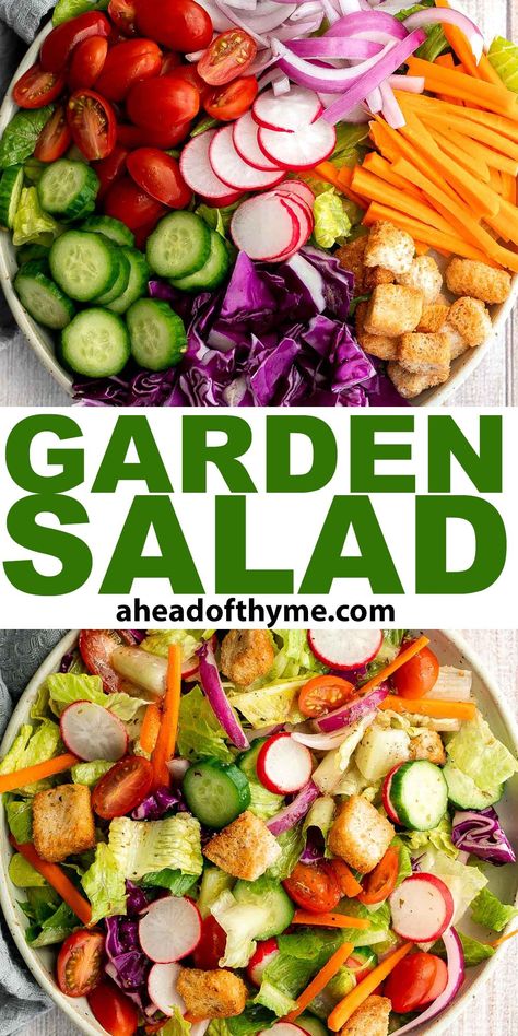 Garden Salad Garden Salad Recipe, Crouton Salad, Salad Buffet, Homemade Garden, Salads For A Crowd, Green Salad Recipes, Fresh Salad Recipes, Vegetarian Cabbage, Unique Recipe