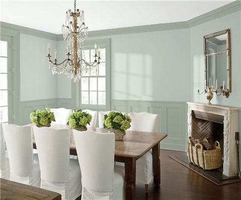 Look at the paint color combination I created with Benjamin Moore. Via @benjamin_moore. Wall: Tranquility AF-490; Trim & Wainscot: Flora AF-470; Ceiling: Distant Gray 2124-70. Quiet Moments Benjamin Moore, Green Painted Walls, Benjamin Moore Gray, Dining Room Paint Colors, Blue Green Paints, Color Combinations Paint, Dining Room Paint, Best White Paint, Room Photo