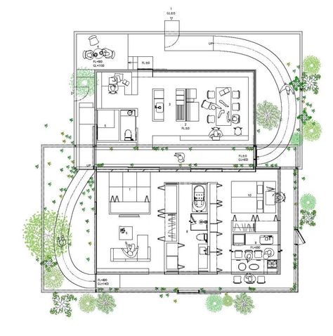 Atelier-Bisque Doll / UID Architects | Way too white and clean for real humans, but amazing precedent for blending interior & exterior spaces! Japan Architecture, Architectural Sketch, Commercial Architecture, High Walls, Bisque Doll, Architecture Presentation, Space Planning, House Layouts, House Floor Plans