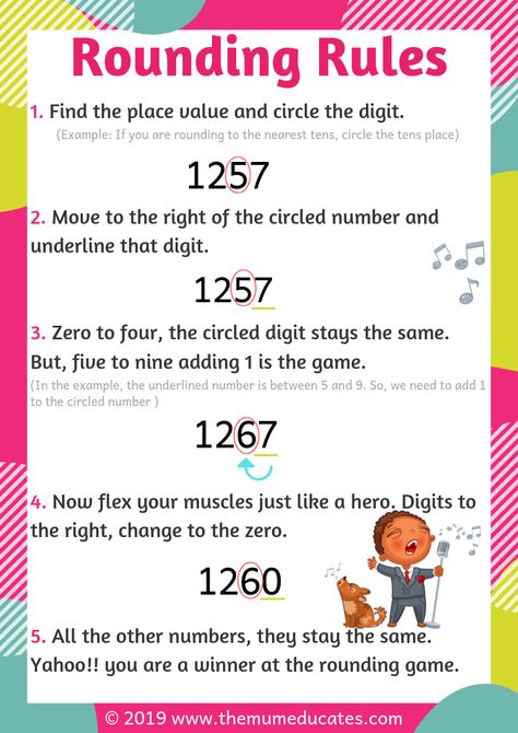 Rounding numbers - Free Worksheets, Rules and Posters - The Mum Educates How To Teach Rounding Numbers, Rounding Poster, Rounding Off Numbers, Teaching Aids For Maths, Rounding Rules, Teaching Rounding, Rounding Worksheets, Rounding Whole Numbers, Rounding Numbers