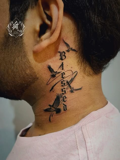 Neck tattoo _ blessed tattoo done at @shreetattoos (1) Cursive Neck Tattoo Men, Small Mens Neck Tattoos, Behind Ear Tattoo Design, Blessed Neck Tattoo Men, Neck Tattoo With Name, Unique Neck Tattoos For Men, Small Side Neck Tattoo, Birds Neck Tattoo, Neck Tattoo For Guys Men