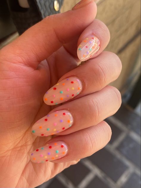 Acrylic Nail Designs Polka Dots, Color Dot Nails, Colourful Polka Dot Nails, Multi Colored Polka Dot Nails, Fun Nails Almond Shape, Dotty Nail Art, Summer Nails Polka Dots, Polka Dot Manicure, Colorful Dots Nails