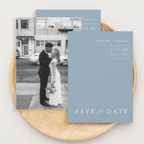 Dusty Blue Modern Wedding Photo Save The Dates Invitation #zazzle #weddinginvitations #birthdayinvitations #babyshowerinvitations #zazzleinvitations #monogram #businesscards #graduation #homedecor Modern Blue Wedding Invitations, Blue Theme Save The Date, Dusty Blue Save The Dates, Dusty Blue And Black Wedding, Blue Modern Wedding, Save The Date Blue, Steel Blue Weddings, Dusty Blue Wedding Invitations, Light Blue Wedding Invitations