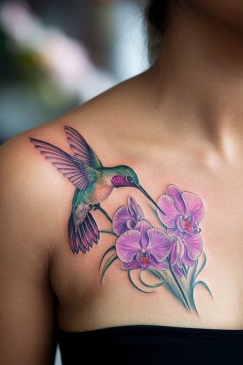 Hummingbird Tattoos For Women, Hummingbird Tattoo With Flowers, Hummingbird Tattoo Watercolor, Colorful Hummingbird Tattoo, Tattoos Butterflies, Hummingbird Flower Tattoos, Elephant Thigh Tattoo, Adorable Tattoos, Flower Tattoo On Ribs