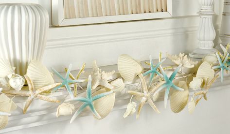 Coastal Floral Arrangements, Beach Cottage Aesthetic, Bridget Wedding, Starfish Garland, Boho Coastal Bedroom, Seashell Garland, Sunset Room, Seashell Wall Decor, Baptism Themes