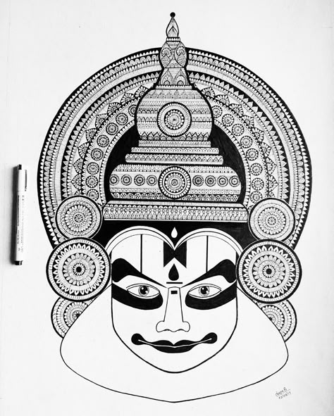 Artist- Deepa Balakrishnan @potatodoodler @dbdeepa © | Kathakali: 'Katha' means story, 'kali' means play. Kathakali is one of the major forms of classical Indian dance. It is a "story play" genre of art and is based on Hindu literature and characterized by masks, stylized costume and make-up, and frequent use of mime. (This artwork is not to be copied or used anywhere without artist's consent) #Kathakali #bestdoodles #talenthouseartist #worldofartists #inkart #doodle #doodleart #mandala #art Kathakali Sketch Pencil, Kathakali Doodle Art, Yakshagana Mandala Art, Ancient Art Drawing, Kathakali Pencil Drawing, Kadakali Drawing, Kali Drawing Art, Kathakali Mandala Art, Kathakali Face Drawing Outline