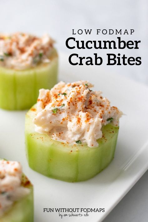 Delightful Low FODMAP Cucumber and Crab Bites feature cool cucumber cups filled with a creamy crab mixture. #lowfodmap Crab Meat Appetizers, Crab Bites, Spicy Crab Dip, Cucumber Bites Appetizers, Low Fodmap Appetizers, Crab Party, Cucumber Appetizers, Crab Appetizer, Dairy Free Appetizers