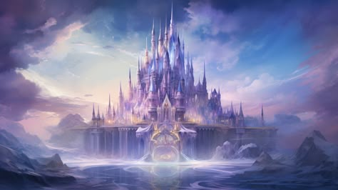 A majestic castle, its spires made of translucent purple crystals, stands tall against a cerulean sky. Inside, the court of the gemstone monarchs dances in eternal merriment. Purple Kingdom Fantasy Art, Purple Kingdom Aesthetic, Fairy Court, Purple Castle, Majestic Castle, Snow Castle, Purple City, Aurora Sky, Crystal Kingdom