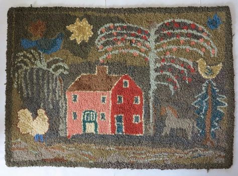 American Folk Art Antique Hooked Rug with Cottage House Apple Tree Birds Horse | #1785057157 Birds In Trees, Rug Hooking Patterns Primitive, Hand Hooked Wool Rug, Hooked Rugs Primitive, Primitive Rugs, Hand Hooked Rugs, Hooked Wool, Hooked Rug, Penny Rugs