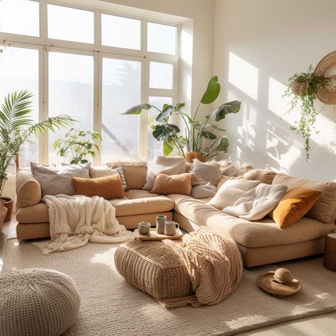 Tan Velvet Couch, Boho Sectional Living Room, Earthy Lounge Room, Sand Color Couch Living Rooms, Earthy Cozy Living Room, Khaki Couch Living Room, Desert Modern Living Room, Light Tan Couch Living Room, Comfy Couch Aesthetic