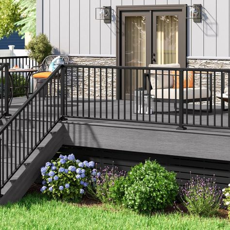 Kit includes: top rail, bottom rail, and balusters (NOTE: posts kits sold separately). Pre-built; Actual Size 69.75-in W x 33-in H. Tough and durable aluminum railing resists rust, corrosion, fading and discoloring. Clean, modern continuous top rail design. Tested to meet IRC code requirements - always check local building codes. Coordinating 6-ft x 36-in Pre-Built Stair Rail Kit - model # 73056416. Works with coordinating Level Post Kit (model # 73056418). Coordinating Level Bracket Kit (model Deck Ideas Black Railing, Iron Porch Railing Ideas, Black Decking Ideas, Black Railing Stairs, Front Deck Ideas, Metal Balcony Railing, Aluminum Porch Railing, Iron Railings Outdoor, Deck Stair Railing