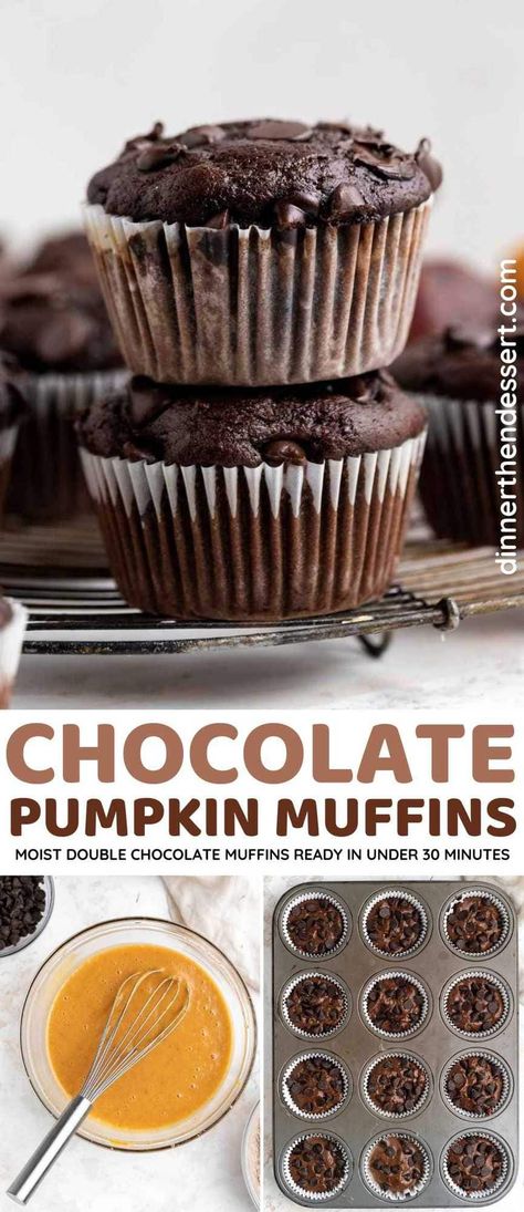 Healthy Chocolate Muffins, Pumpkin Muffins Recipe, Mini Pumpkin Muffins, Chocolate Pumpkin Muffins, Baking Fails, Double Chocolate Chip Muffins, Whole Wheat Muffins, Dinner Then Dessert, Double Chocolate Muffins