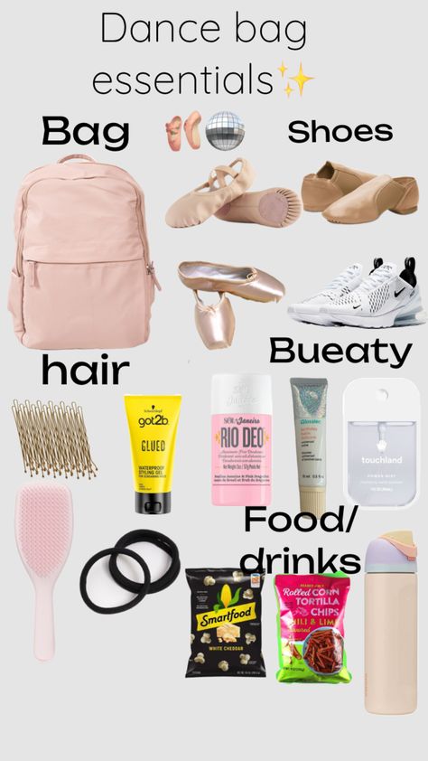 Dance bag esentals🪞🪩🩰 What To Have In Your Dance Bag, What To Put In Your Dance Bag, What’s In My Bag Dance, Dance Bag Essentials List, What To Keep In Dance Bag, Dance Comp Packing List, Dance Wishlist, Corn Tortilla Chips, Essentials List