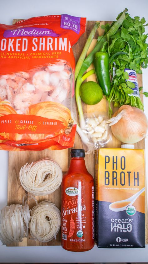 Easy Shrimp Pho – Kat's Kitchen Mexican Pho, Seafood Pho Recipe, Shrimp Pho Recipe, Pho Recipe Easy, Pho At Home, Spicy Pho, Shrimp Pho, Homemade Pho, Pho Soup Recipe