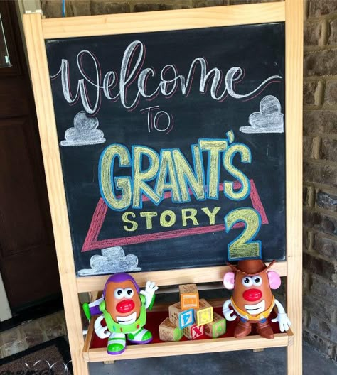 Toy Story Welcome Sign Party Ideas, Toy Story Chalkboard Sign, Toy Story Party Signs, Toy Story Chalk Art, Toy Story Second Birthday Party, Toy Story Birthday Party Ideas 2nd, Toy Story Second Birthday, 2nd Toy Story Birthday, Toy Story Birthday Party Ideas