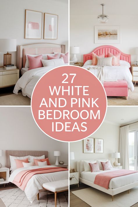 Don't let a small bedroom hold you back! These 27 white and pink bedroom ideas are perfect for maximizing space while creating a stylish and inviting retreat. Discover ideas for white furniture with pink cushions, blush pink accent walls, and delicate floral patterns. Explore small space-friendly decor for a white and pink bedroom that's both beautiful and functional. Girls Pink And White Bedroom Ideas, Monochromatic Pink Bedroom, Subtle Princess Bedroom, White Bedroom With Pink Accents, Old Hollywood Glam Bedroom, Pink Bed Frame Bedroom Ideas, Teen Pink Bedroom Ideas, Bedroom With Pink Bed, Pink White And Grey Bedroom Ideas