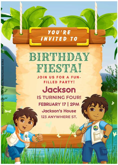 Go Diego Go Birthday Party, Diego Go, Go Diego Go, Party Decoration Items, Free Printable Birthday Invitations, Free Printable Invitations, Free Invitation Templates, Twin Mom, Dora The Explorer