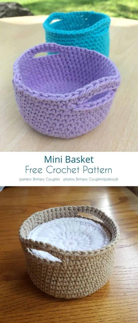 Mini Basket Free Crochet Patterns | Your Crochet Crochet Gift Basket Pattern Free, Crochet Nylon Basket, Crochet Coaster With Basket, Shallow Crochet Basket Pattern Free, Crochet Patterns For Blanket Yarn, Tiny Crochet Basket, Handy Basket Crochet Pattern, Coaster Basket Crochet, Crochet Basket With Handles Free Pattern