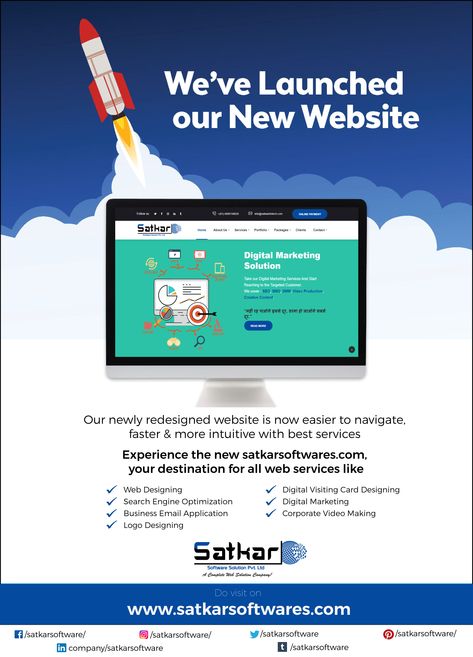 It's HERE! We are pleased to announce the launch of our brand new website! || https://satkarsoftwares.com/ With a bunch of our web services like 👉Web Designing 👉Search Engine Optimization 👉Business Email Application 👉Logo Designing 👉Digital Visiting Card Designing 👉Digital Marketing 👉Corporate Video Making Website Relaunch Announcement, Website Launch Announcement Posts Design, Website Launch Poster Design, Website Announcement Ideas, Website Launch Poster, New Website Launch Announcement, Website Poster Design, Website Launch Announcement Posts, Launch Poster Design