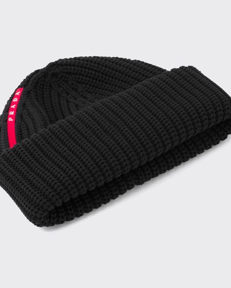 Black Tec Rec Nylon Ribbed Beanie | Prada Norway Language, China Language, Val Thorens, Germany Language, Ski Goggles, Knitted Beanie, Zermatt, Recycled Yarn, Logo Label