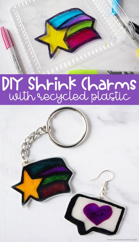 DIY Shrink Charms with Recycled Plastic | artsy-fartsy mama How To Make Shrink Plastic Keychain, How To Make Plastic Earrings, Diy Shrink Plastic How To Make, Shrink Art Diy, Plastic Charms Diy, Plastic Keychain Shrink, Shrinkable Plastic Diy, Diy Recycled Plastic Projects, Diy Shrink Plastic Keychain