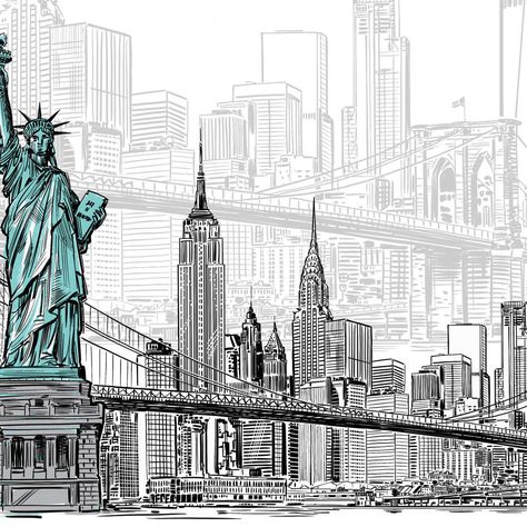 Skyline Of New York, New York Landscape Drawing, New York Artwork, New York Drawing Sketches, New York Sketches, New York Art Drawing, New York City Drawing Sketches, New York Buildings Drawing, New York Dibujo