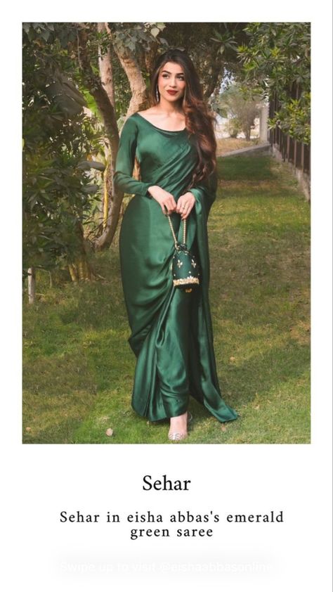 Plain Green Saree, Cousin Wedding, Indian Barbie, Gold Silk Saree, Saree Satin, Full Sleeves Blouse Designs, Green Blouse Designs, Pakistani Beauty, Saree Ideas