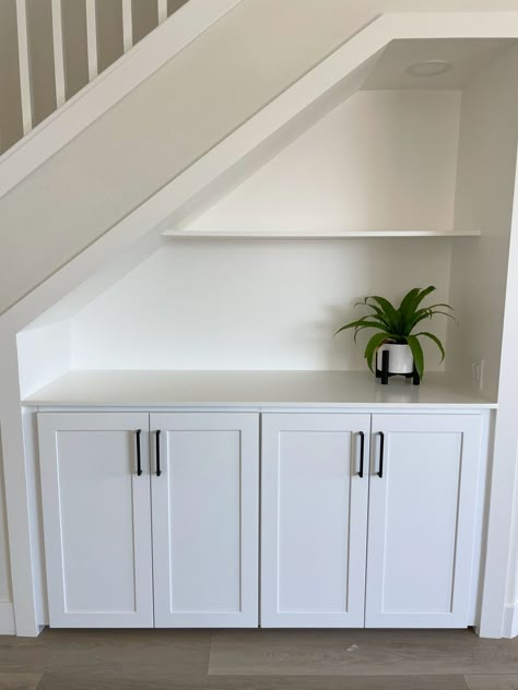 The perfect storage solution for this space was built-in cabinets under stairs. Stairs Basement Ideas, Cabinets Under Stairs, Storage Under Stairs, Cabinet Under Stairs, Stairs Basement, Under Stairs Nook, Stair Nook, تحت الدرج, درج السلم