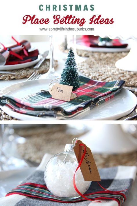 Setting a beautiful table at Christmas doesn't have to be hard!  I'm sharing some simple Christmas Place Setting Ideas to make your table festive! Christmas Place Settings Elegant, Christmas Table Place Settings Ideas, Christmas Place Settings Diy Name Cards, Christmas Name Place Ideas, Christmas Party Place Settings, Christmas Place Settings Diy, Christmas Place Setting Ideas, Diy Name Cards, Christmas Dining Table Decorations