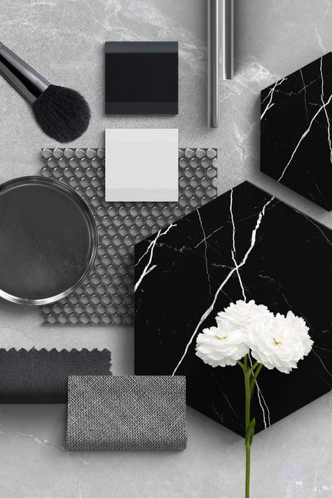 Black Bathroom Moodboard, Black Marble Mood Board, Black And White Material Board, Black And White Bathroom Mood Board, Black And White Mood Board, Black And White Colour Palette, Black And White Moodboard, Bathroom Design White, Hexagon Tile Bathroom