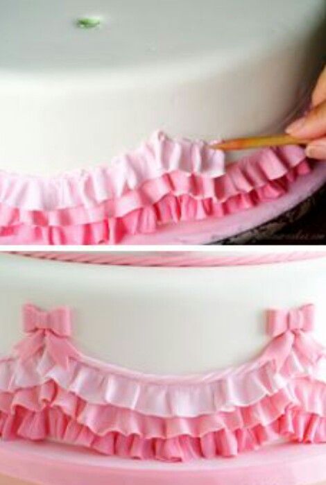 Ruffles and bows Fondant Ruffles, Fondant Techniques, Ruffle Cake, Fondant Tutorial, Fondant Decorations, Baptism Cake, Cake Icing, Cake Decorating Tutorials, Cake Tutorial