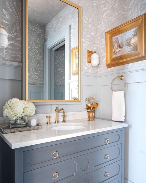 Instagram Gold And Blue Powder Room, Gray And Gold Powder Room, Pale Blue Powder Room, Blue Half Bathroom, Glamorous Pop Master Powder Room Wallpaper, Powder Room Wallpaper Elegant Blue And White, Tranquil Bathroom, Bath Redo, Gray Vanity