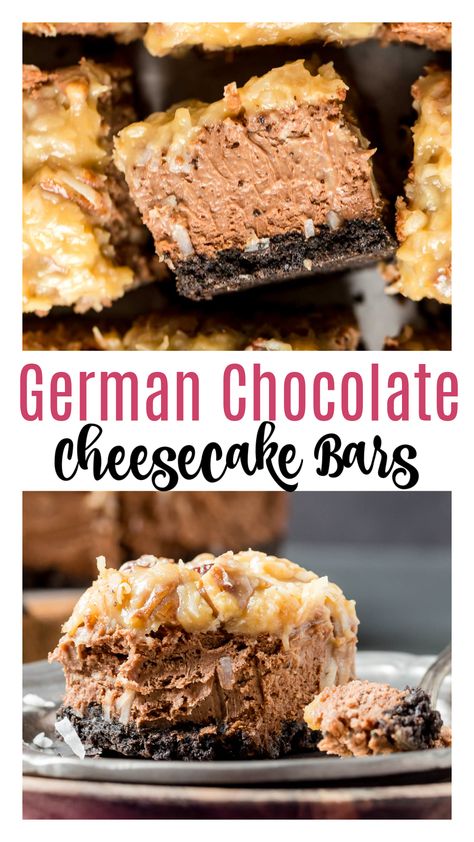 Prepare a quick and delicious dessert in with this easy German chocolate cheesecake bars recipe. An Oreo crust, with a chocolate cheesecake filling, topped with a coconut pecan frosting! German Chocolate Cheesecake Bars, German Chocolate Cheesecake, Cream Cheese Cheesecake, Chocolate Cheesecake Bars, Cheesecake Bar, Pecan Frosting, Coconut Pecan Frosting, Pecan Cheesecake, Cheesecake Bar Recipes