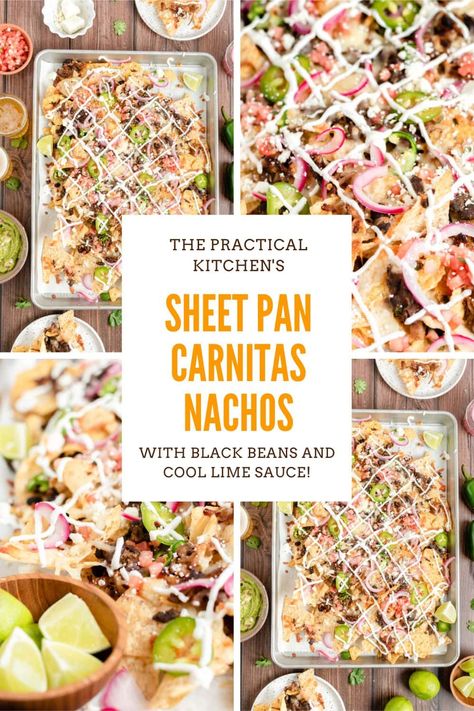 sheet pan carnitas nachos Carnitas Nachos, Nacho Toppings, Quick Pickled Red Onions, Pork Carnitas, Lime Sauce, Easy Appetizer Recipes, Pork Dishes, Easy Weeknight Meals, Sheet Pan