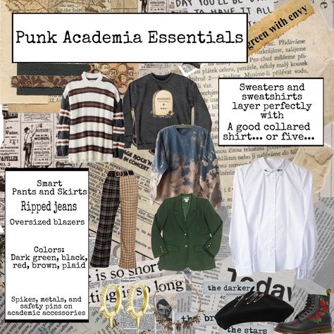 Punk Academia aesthetic Rock Academia Aesthetic, Hot Academia Outfits, Criminology Major Aesthetic Outfits, Punk Acedamia Outfits, Skater Academia Aesthetic, Punk Academia Aesthetic Outfit, Science Academia Aesthetic Outfit, Chaotic Aesthetic Outfits, Chaotic Academia Fashion