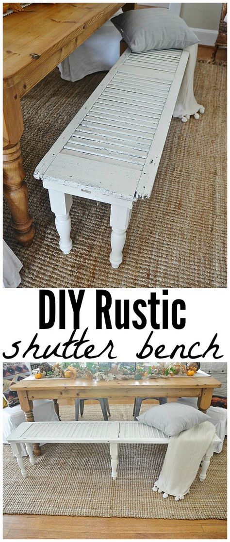 DIY Rustic Window Shutter Bench - So simple to make! A must pin! - lizmarieblog.com Rustic Shutters, Fall Dining Room, Diy Rustic Home, Diy Living Room Decor, Rustic Window, Diy Farmhouse Table, Old Door, Diy Furniture Projects, Living Room Diy