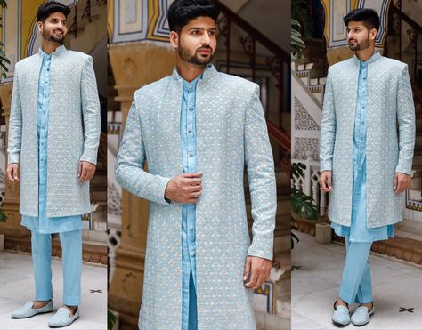 Blue Sherwani Groom, Sky Blue Sherwani, Men Groom Suit, Chikankari Jacket, Indowestern Men, Wedding Suit Men, Blue Sherwani, Groom Sherwani, Zoom Video