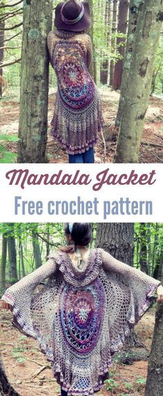 Mandala duster jacket with sleeves, free crochet pattern. Crochet Circle Jacket, Free Mandala Crochet Patterns, Duster Pattern, Crochet Jackets, Crochet Jacket Pattern, Crochet Mandala Pattern, Crochet Sweaters, Top Sewing, Stil Boho