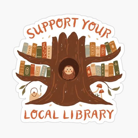 A cute illustration of an owl living in a tree with thick branches holding stacks of books and the handlettered quote “Support your local library.” A whimsical woodland library vision for book lovers. Librarian gifts | Library appreciation sticker | Hydroflask stickers | Cute book lover laptop stickers | Library book stacks art | Librarian art | Bookworm art #bookish #library #librarian Stacks Of Books, Funny Laptop Stickers, Owl Stickers, Whimsical Woodland, Gifts For Librarians, Local Library, Hydroflask Stickers, Cozy Mysteries, Art Prompts